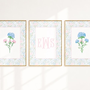 Botanical Set Girl Bedroom Art Floral Nursery Art Display Dorm Room Wall Decor Personalized Initial Decor Watercolor Monogram Initials