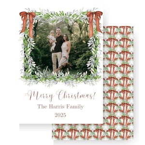 Christmas Card Family Holiday Card Simple Wreath Design Christmas Card Template Digital Download Canva Template Brown Bow Neutral Colors