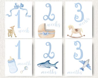Meilensteinkarten für Jungen, Monatskarten in Aquarell, druckbare Monatskarten, Geschenk zur Geburt, Wochen- und Monatsübersicht für Neugeborene, Foto-Requisite für Babys
