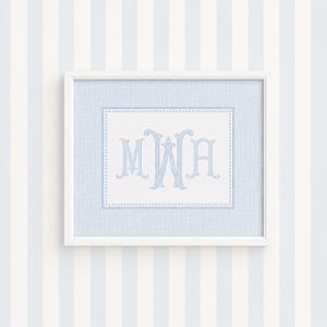 Arte mural con monograma personalizado, decoración de pared azul claro para habitación infantil, monograma para habitación de bebé niño, arte con monograma personalizado para habitación infantil, arte con nombre imprimible