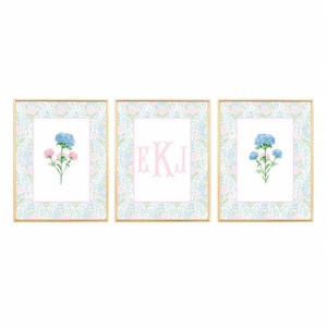 Conjunto Botânico para Quarto de Menina, Arte Floral para Quarto Infantil, Decoração de Parede para Quarto de Estudante, Decoração Personalizada com Iniciais, Monograma em Aquarela