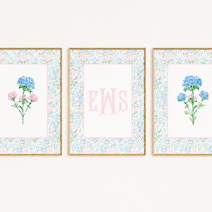 Botanical Set Girl Bedroom Art Floral Nursery Art Display Dorm Room Wall Decor Personalized Initial Decor Watercolor Monogram Initials
