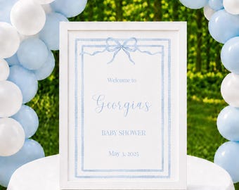 Letrero de bienvenida para baby shower con lazo azul de acuarela, letrero imprimible para baby shower, decoración clásica para baby shower, baby shower para niño de Grandmillennial