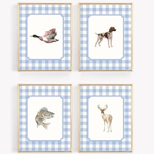 Hunting Art Set of 4 Boy Bedroom Art Set Hunting Theme Decor Blue Gingham Traditional Boy Room Deer Artwork Mallard Duck Hunting Dog Art