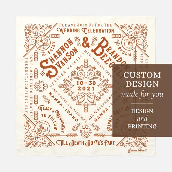 Customized bandana invitation - DESIGN & PRINTING. Our products are printed on cotton/thrifted fabric as an eco-friendly "slow stationery".