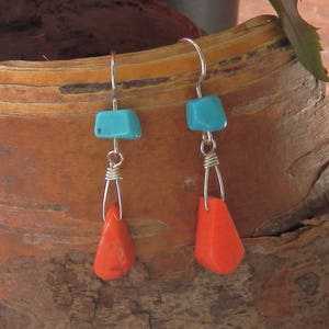 Natural Turquoise and Coral dangle earrings