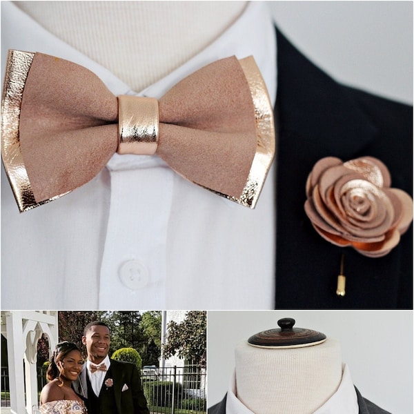 Mens copper bow tie supenders set, bronze bow tie for men,rose gold wedding set, lapel flower genuine leahther bowtie boutonniere,prom, boys