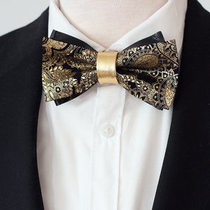 Black and Gold Mens Leather Bow Tie for Men Floral Paisley - Etsy