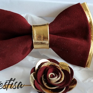 Mens bow tie,  burgundy leahter wedding bow tie,gold burgundy groomsmens bow tie, toddler burgundy bow tie boys bow tie prom wedding, maroon