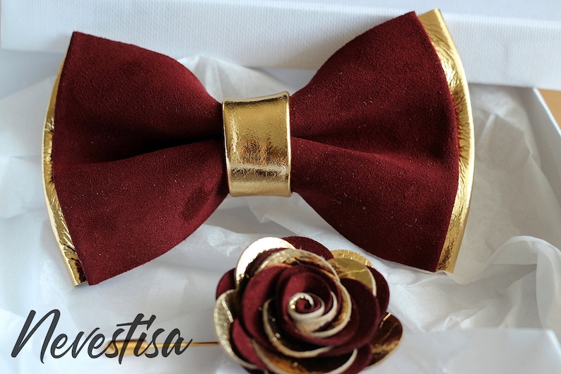 Mens Bow Tie Burgundy Leahter Wedding Bow Tiegold Burgundy Etsy
