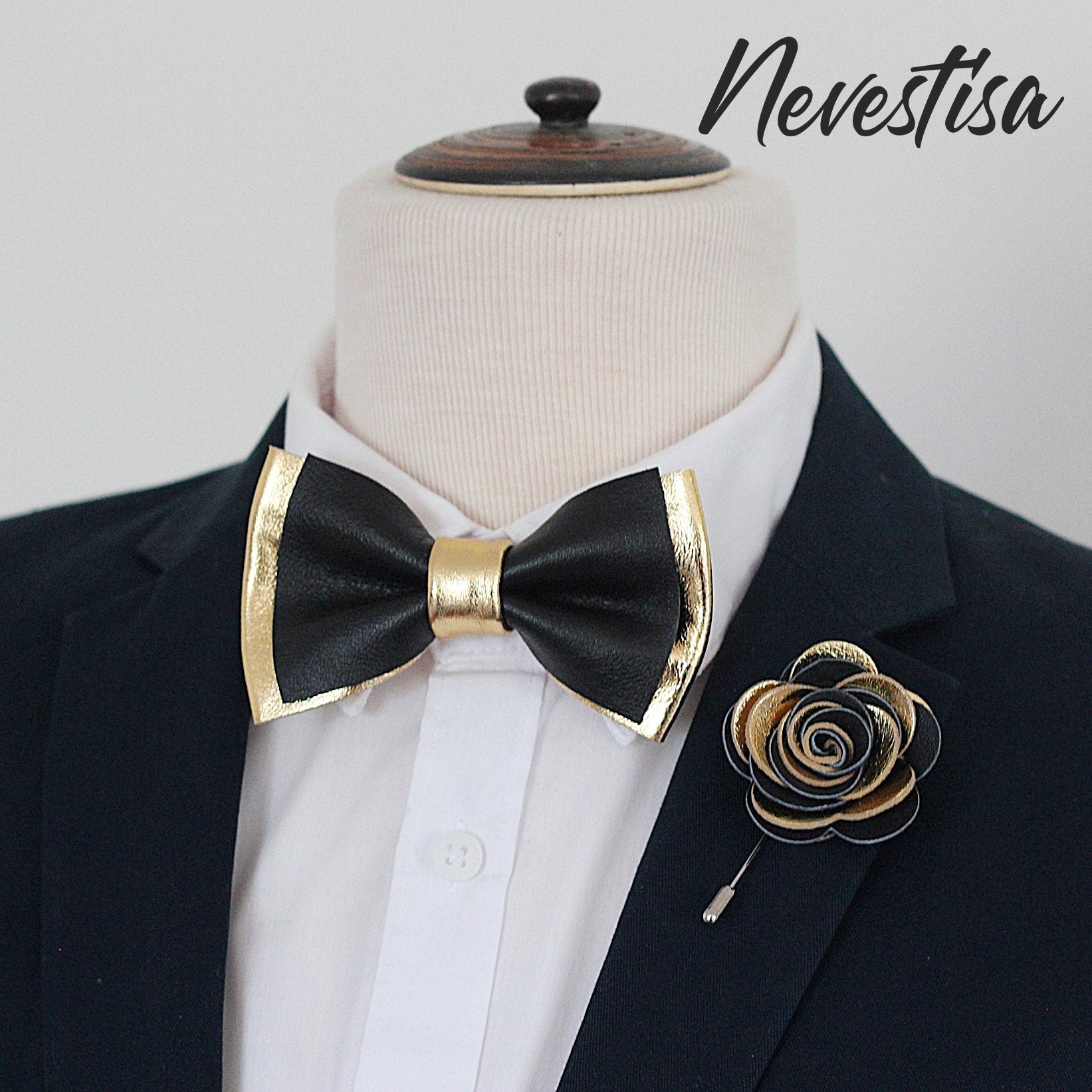 Black and Gold mens leather bow tie for men gold wedding bow Etsy