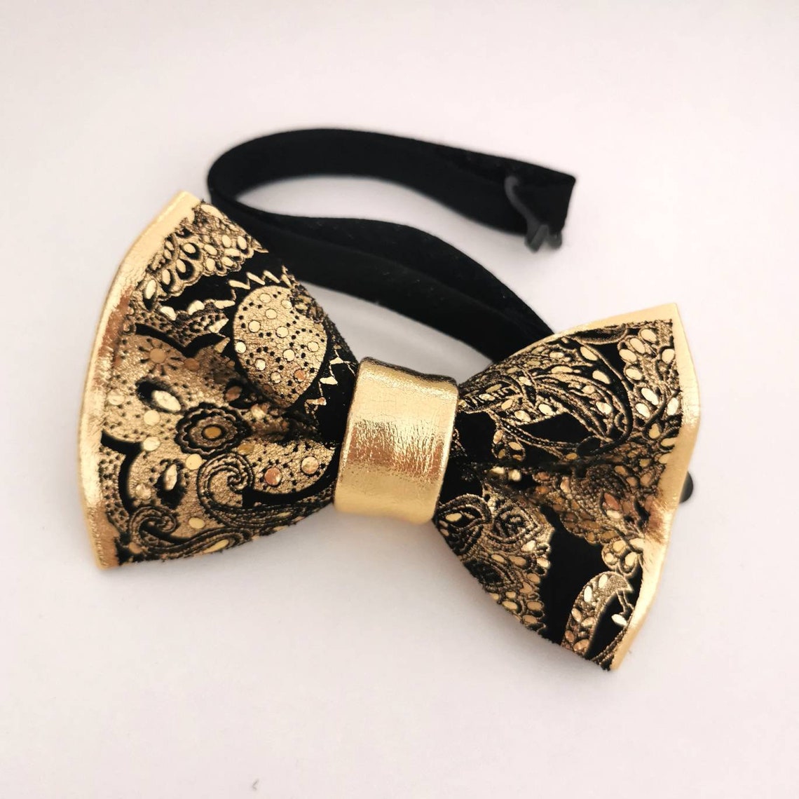 Black and Gold Mens Leather Bow Tie for Men Floral Paisley - Etsy