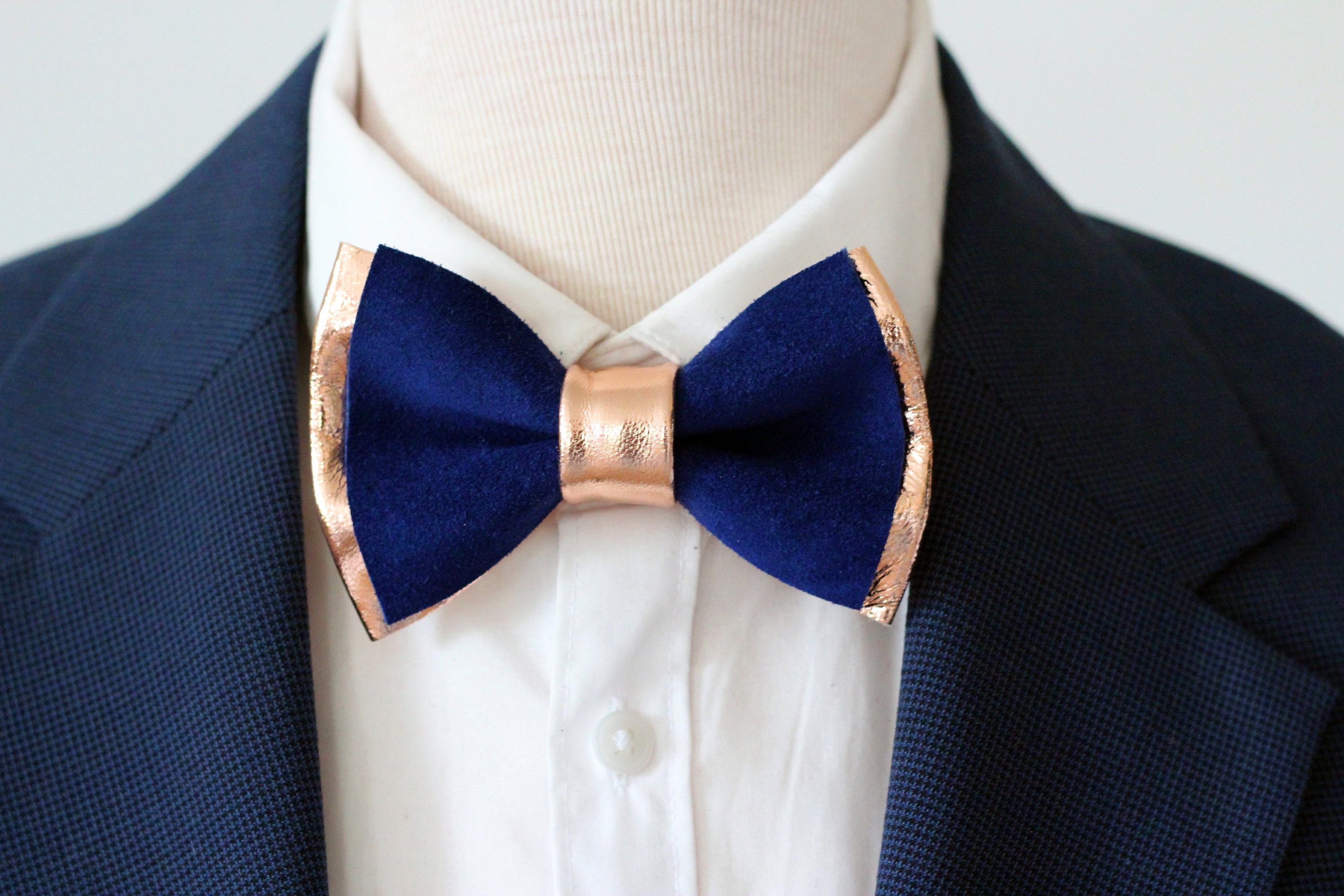 navy blue suit with rose gold dress and Mens Leather Bow Tie Boutnniere Set,rose Gold Wedding Bow Tie, Groomsmen Gift, Boys Prom Bovtie, Royal Blue Set Status: Active