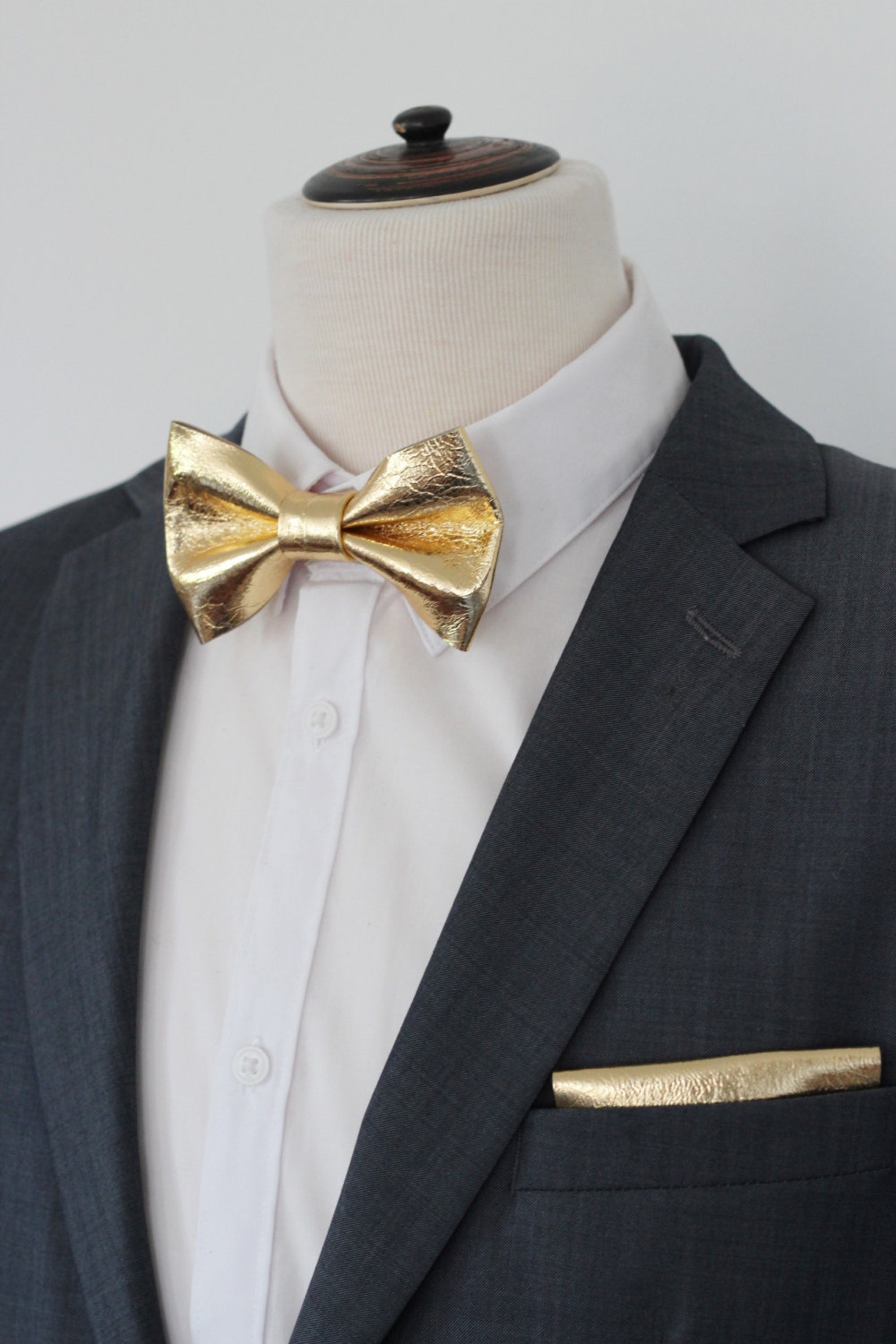 Gold leather bow tie for men gold wedding bow tie genuine Etsy