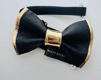 Black and Gold mens leather bow tie for men, gold wedding bow tie, genuine leather bowtie, gold bow tie, rustic bow tie, toddler, boys prom