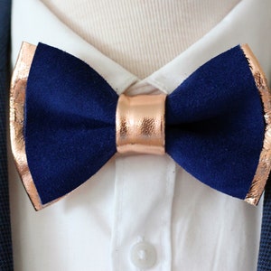 Navy blue and ROSE Gold mens leather bow tie boutnniere set,rose gold wedding bow tie, groomsmen gift, boys prom suit bovtie, royal blue set