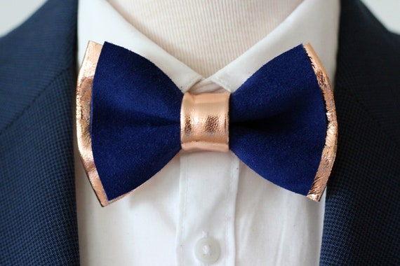 Navy Blue and ROSE Gold Mens Leather Bow Tie Boutnniere Set,rose