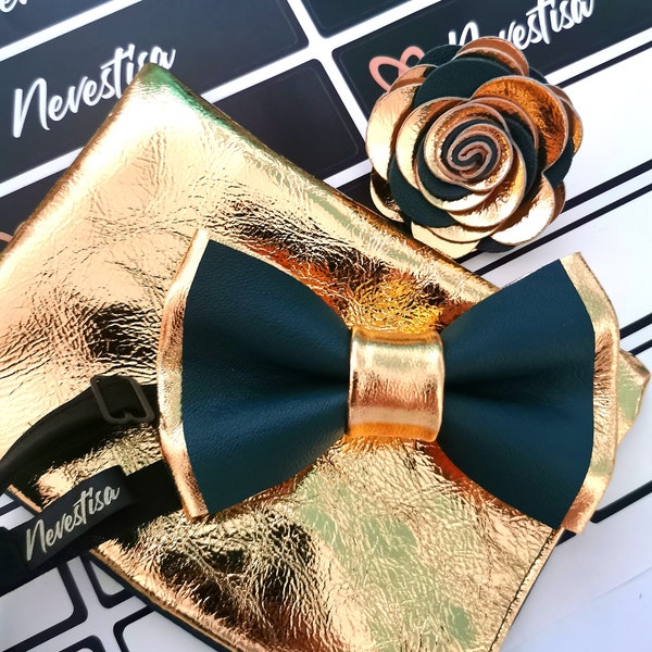 Emerald green Gold mens bow ties for men, boys prom bowtie lapel flower groomsmen gift set wedding bow ties,boutonniere, hunters green