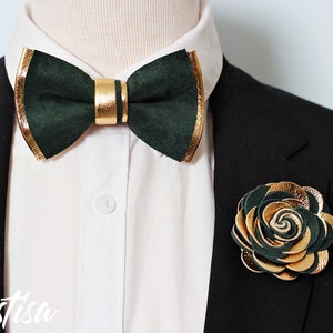 Hunters Green Gold Mens Leather Bow Tie for Men Groomsmen - Etsy