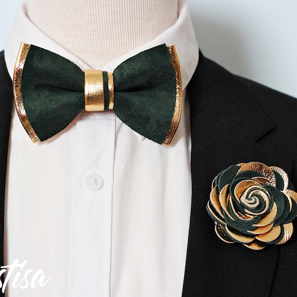 Hunters green Gold mens leather bow tie for men, groomsmen gift set wedding bow tie,boutonniere, emerald green lapel flower pin formal suit