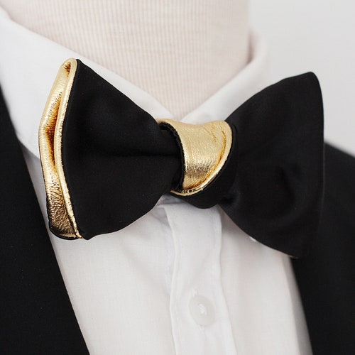 Black and Gold Mens Leather Bow Tie for Men Gold Wedding Bow Etsy