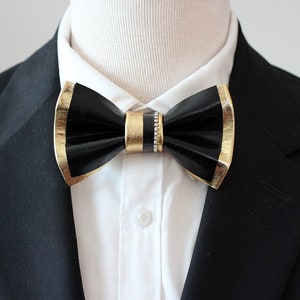 Black and Gold Mens Custom Bow Tie for Men, Wedding Bow Tie Set Genuine ...