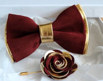 Gold and burugndy genuine leather bow tie for men, gold wedding bow tie,wedding boutonnere, burgundy leahther todler bow tie, boys bow tie