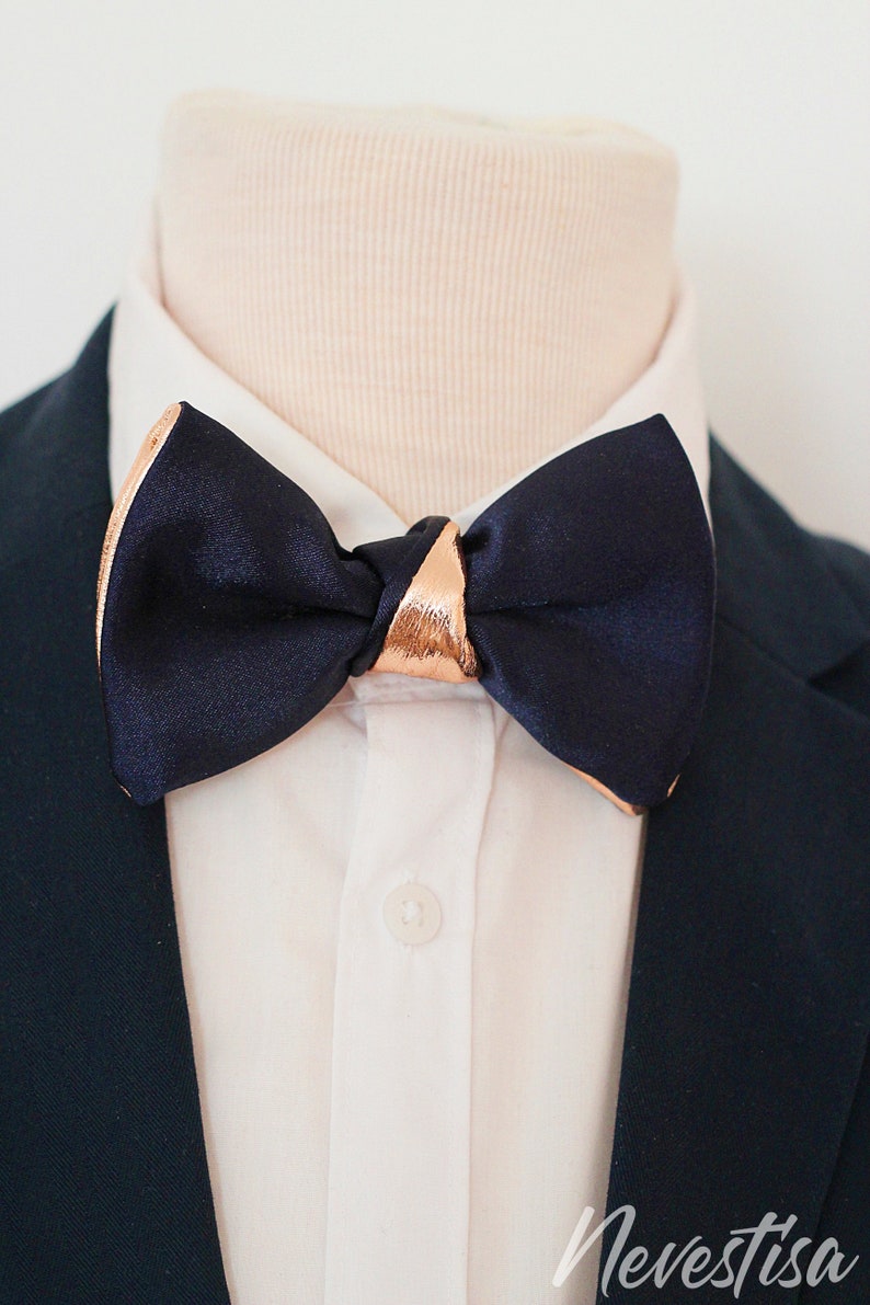 Navy Blue and Gold Mens Satin Leather Bow Tie Set Groom | Etsy