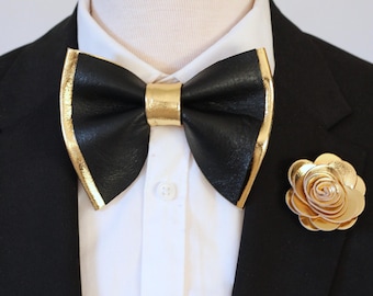 Black and Gold mens leather bow tie for men, big gold wedding bow tie, genuine leather gold bow tie, rustic bow tie, toddler, boys prom