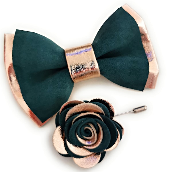 Hunters green rose Gold mens bow ties for men, groomsmen gift set wedding bow ties,boutonniere, emerald green lapel flower pin formal suit