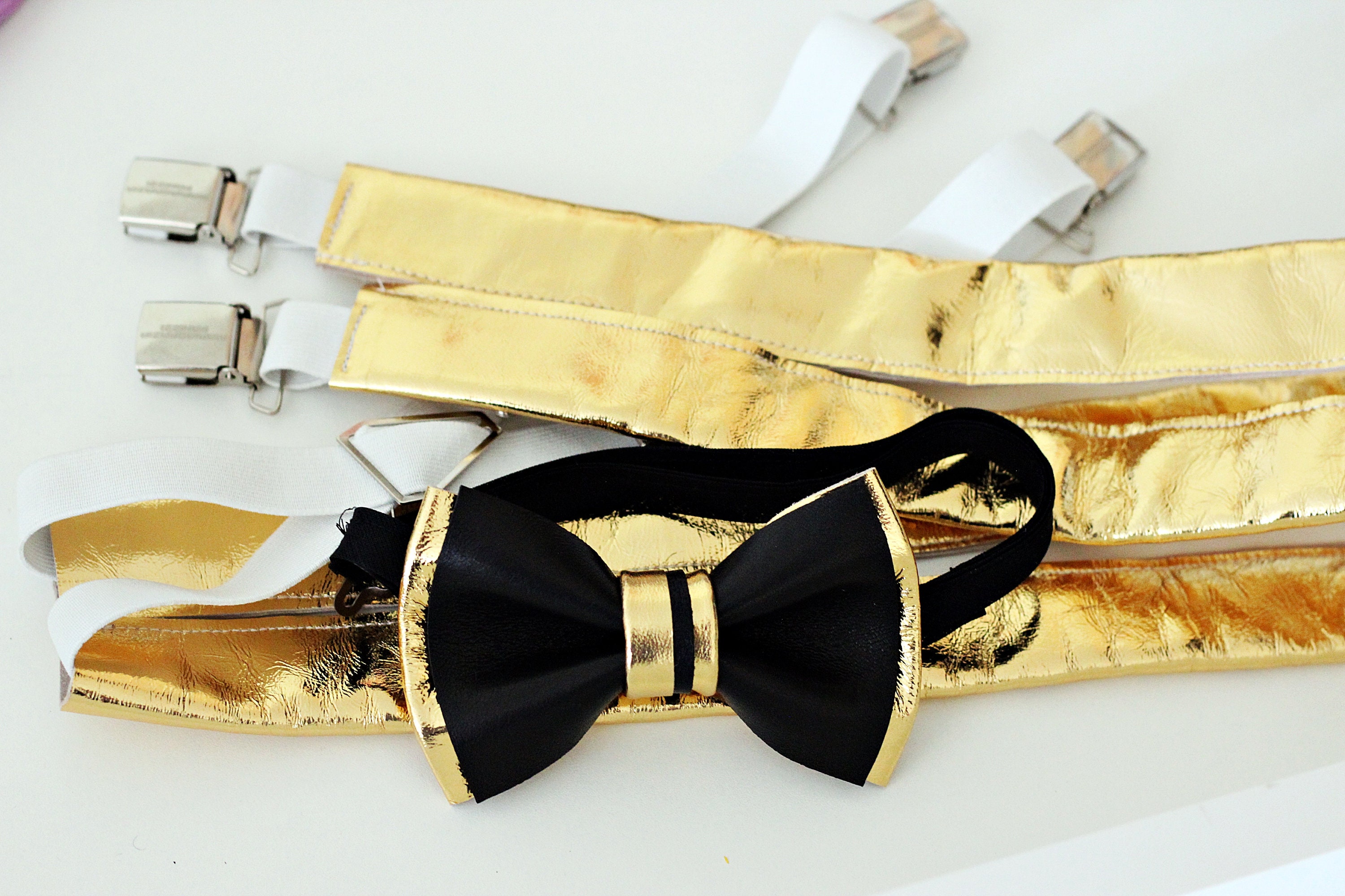 Luxurious Gold and Black Bow Belt Accessory Black & Gold Bow Tie and Black & Gold Suspenders Set  main image 4