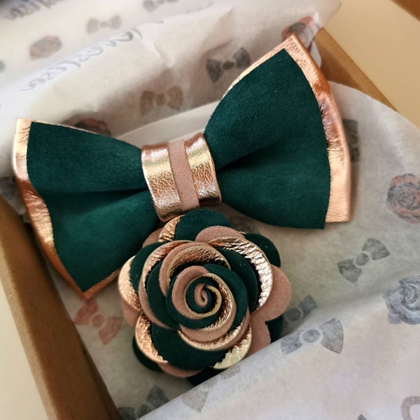 Hunters green rose Gold mens bow ties for men, groomsmen gift set wedding bow ties,boutonniere, emerald green lapel flower pin formal suit