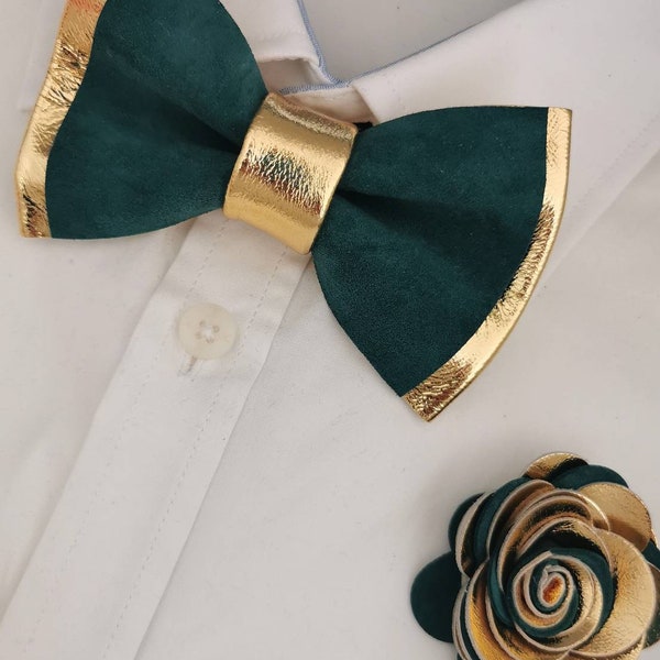 Emerald green Gold mens bow ties for men, groomsmen gift set wedding bow ties,boutonniere, hunters green gold lapel flower pin formal suit