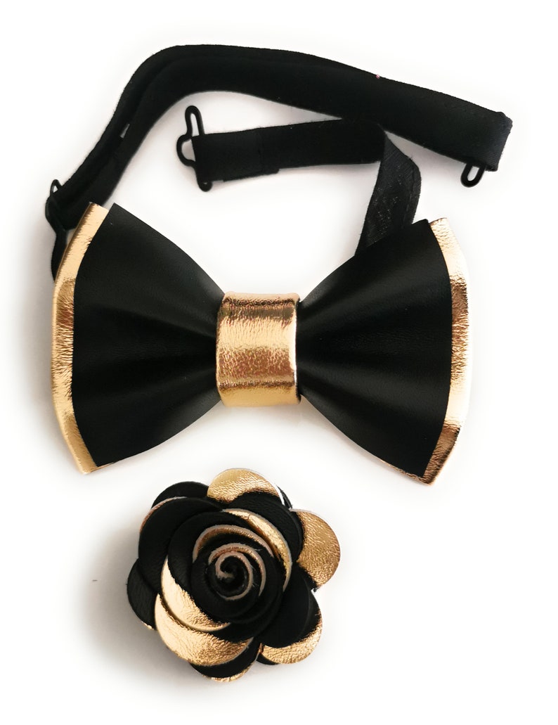 Black and Gold Mens Leather Bow Tie for Men Gold Wedding Bow Etsy