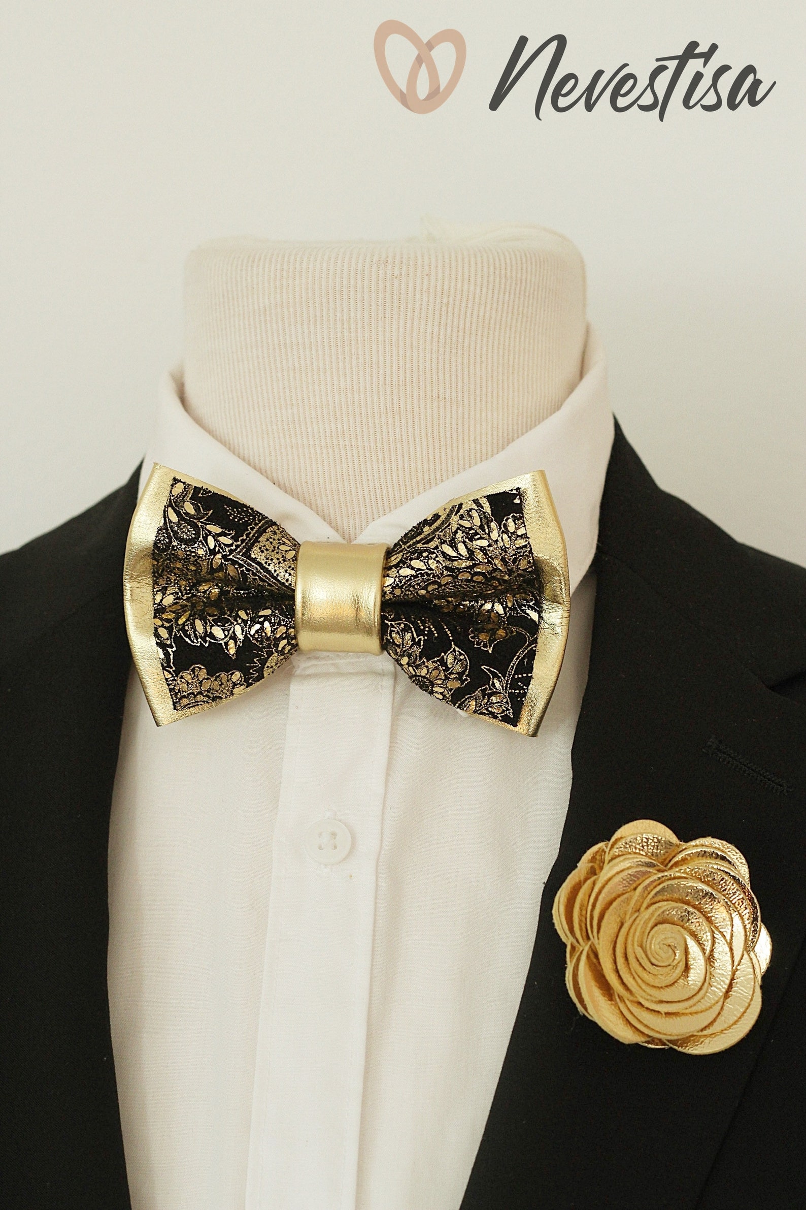 Black and Gold Mens Leather Bow Tie for Men Floral Paisley Etsy