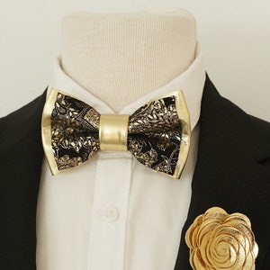 Black and Gold Mens Leather Bow Tie for Men, Floral Paisley Wedding Bow ...