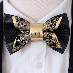 Black and Gold mens bow tie for men, wedding bow tie set leather bowtie, gold paisley bow tie, boy prom suit bowtie suspnders, mens gift set