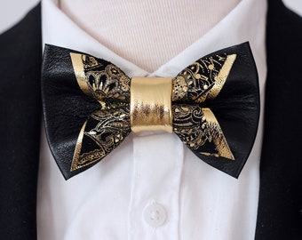 Black and Gold mens bow tie for men, wedding bow tie set leather bowtie, gold paisley bow tie, boy prom suit bowtie suspnders, mens gift set