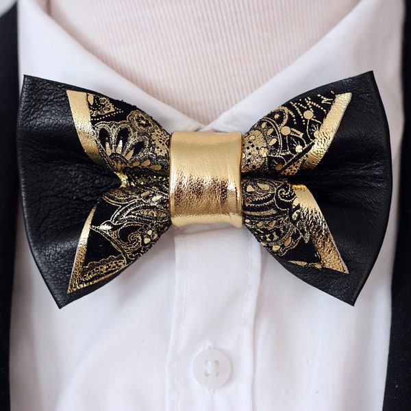 Black and Gold mens bow tie for men, wedding bow tie set leather bowtie, gold paisley bow tie, boy prom suit bowtie suspnders, mens gift set