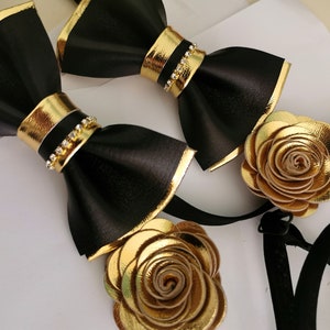 Black and Gold mens leather bow tie for men, rhinestone wedding bow tie set leather bowtie, gold bow tie, boys prom suit bowtie suspnder
