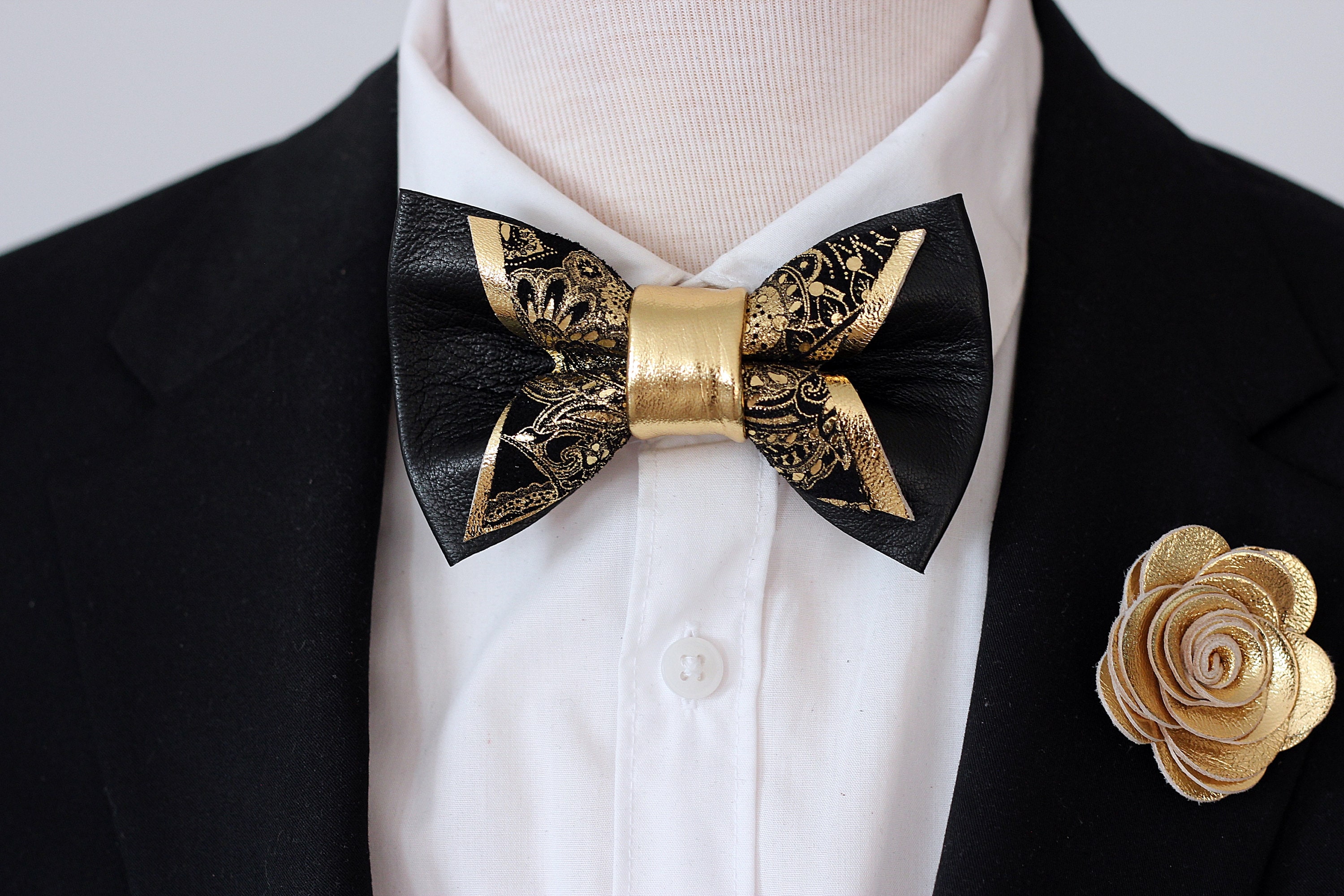 Black and Gold Mens Bow Tie for Men Wedding Bow Tie Set 