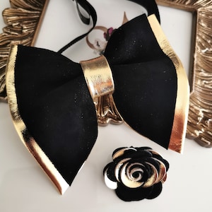 Black suede and Gold mens big oversized bow tie, butterfly wedding bow tie lapel rose flower pin set, bowties, boutonniere, black bowtie
