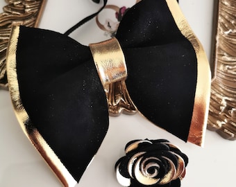 Black suede and Gold mens big oversized bow tie, butterfly wedding bow tie lapel rose flower pin set, bowties, boutonniere, black bowtie