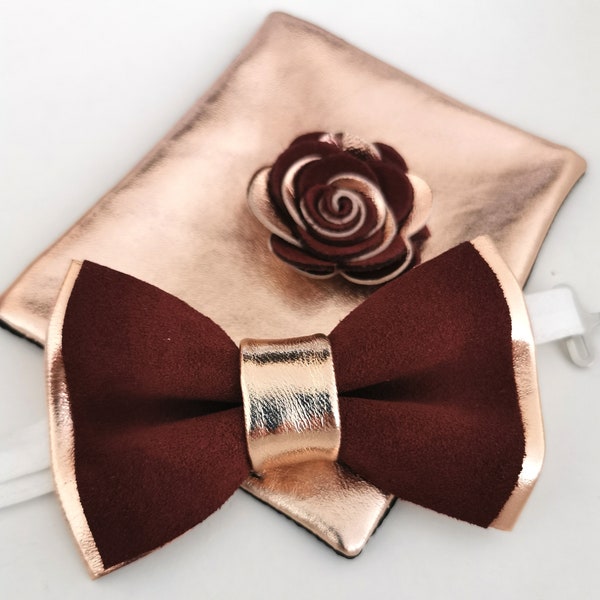 Rose Gold and burgundy bow tie for men, rose gold wedding bow tie,burgundy boutonniere, rose gold boys, toddler bow tie, lapel flower pin