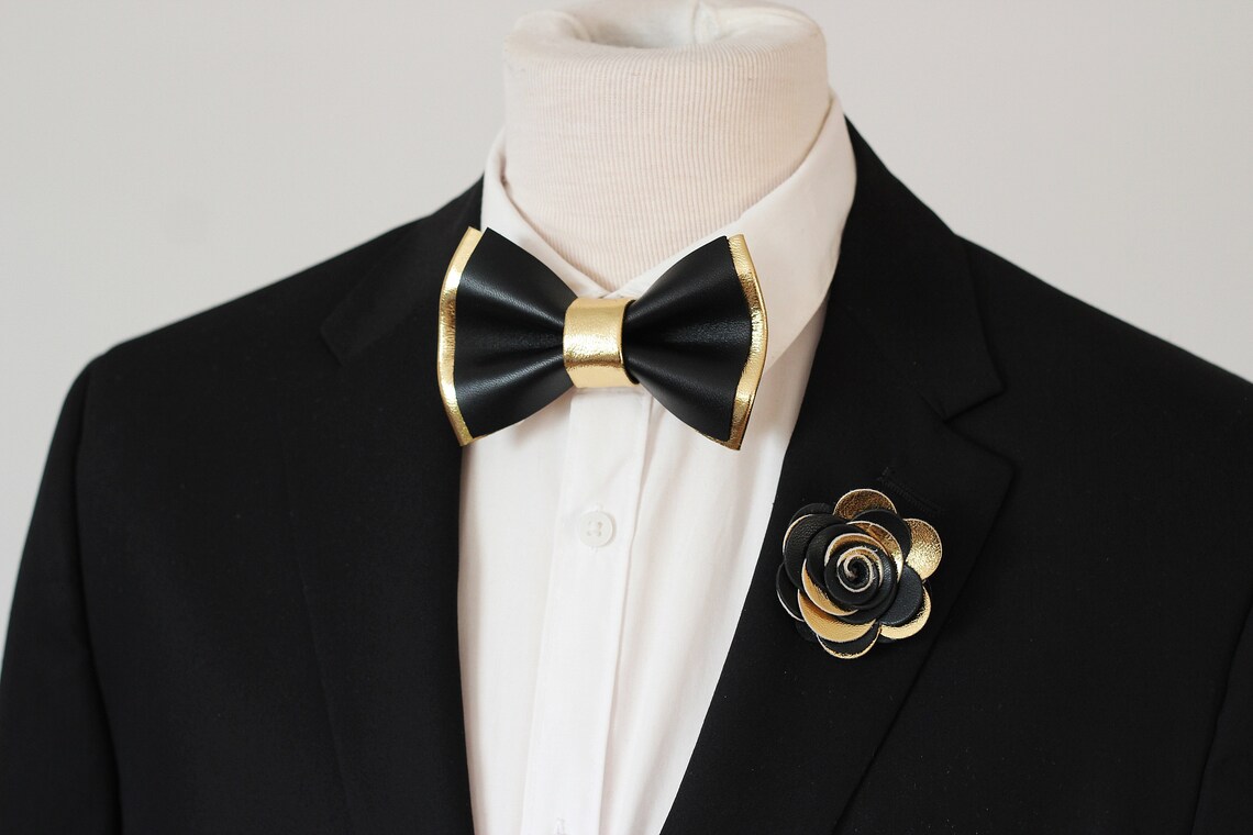 Black and Gold Mens Leather Bow Tie for Men Gold Wedding Bow - Etsy