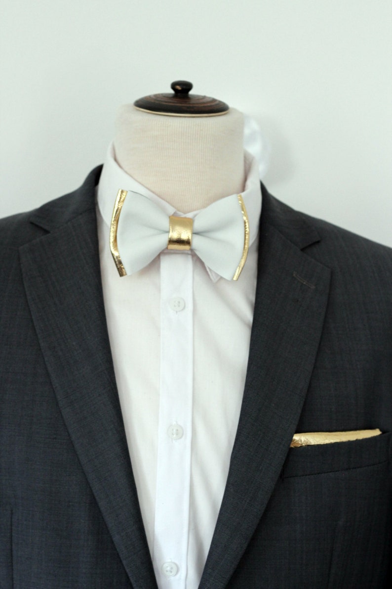 Gold leather bow tie for men gold white wedding bow tie Etsy