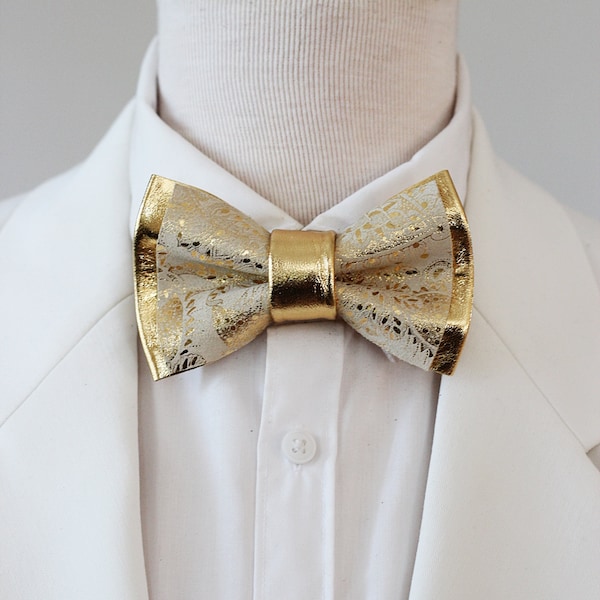 Ivory and Gold mens leather bow tie for men,ivory wedding bow tie set paisley bowtie, gold bow ti, boys prom suit, white tux groomsmen gift