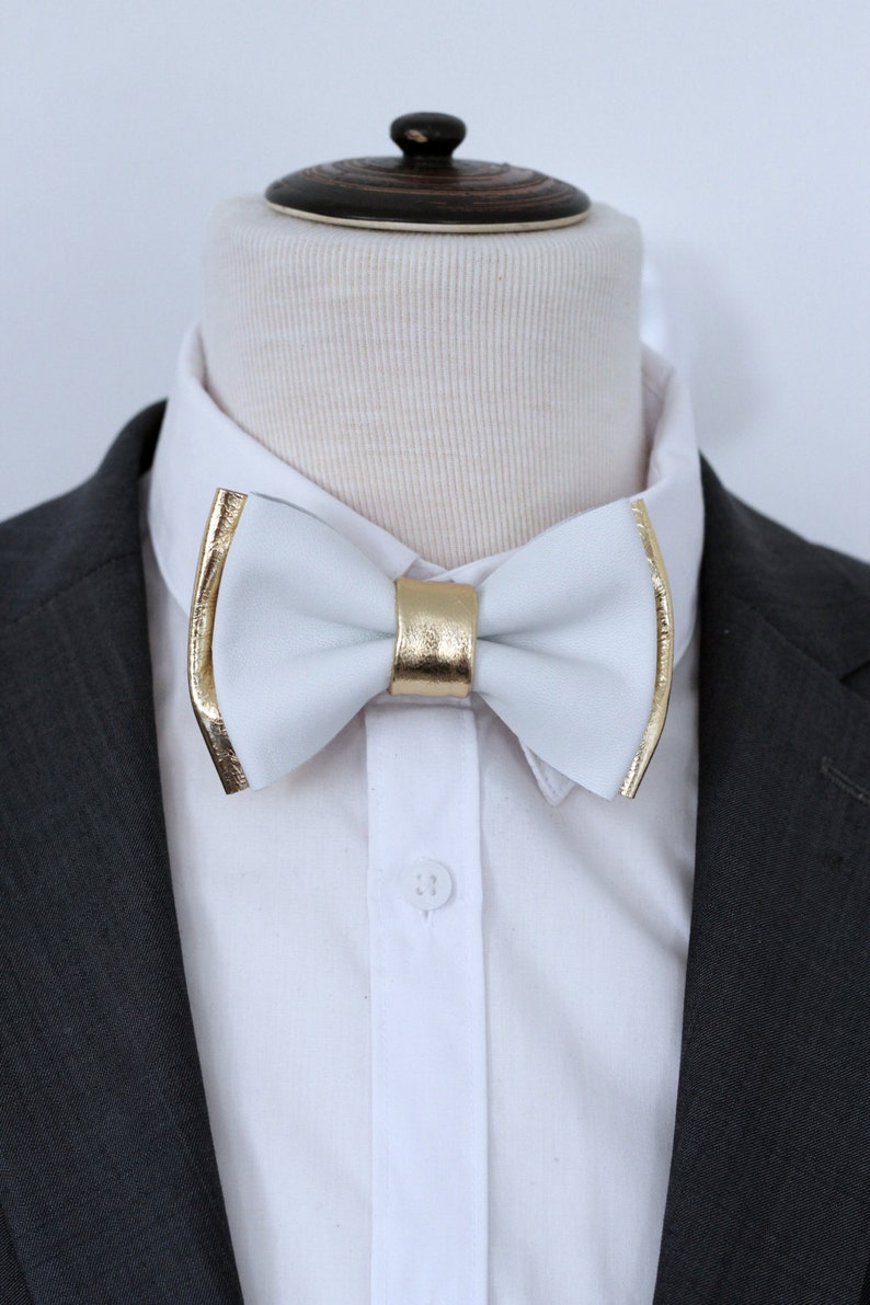 Gold leather bow tie for men gold white wedding bow tie Etsy