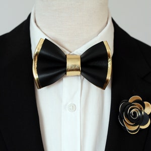 Black and Gold Mens Leather Bow Tie for Men, Gold Wedding Bow Tie ...