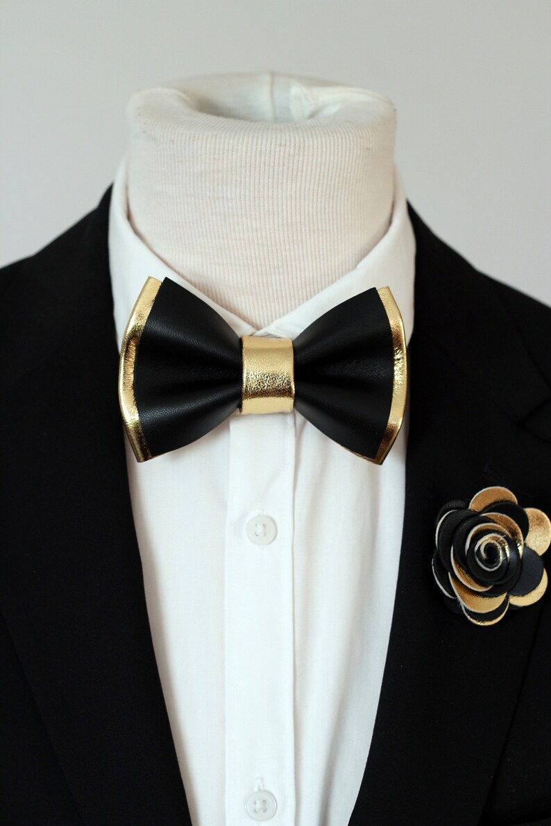 Black and Gold Mens Leather Bow Tie for Men Gold Wedding Bow Etsy